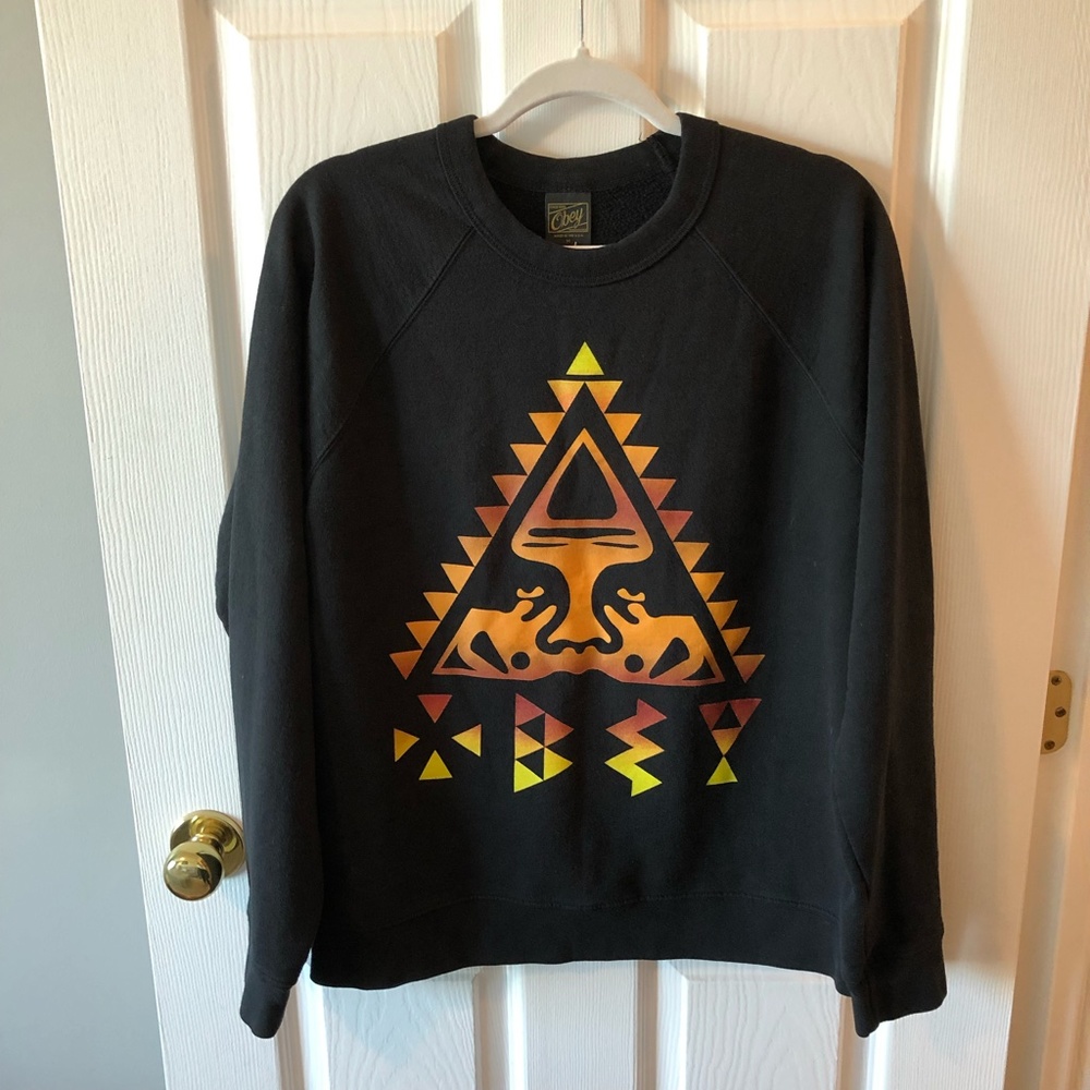 Obey Black Crewneck Sweatshirt with Orange and Yellow Geometric Graphic